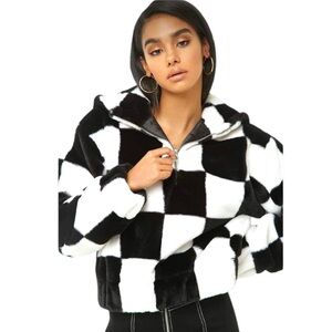 FOREVER 21 Checkered Black White Faux Fur Hoodie Pullover - Size S